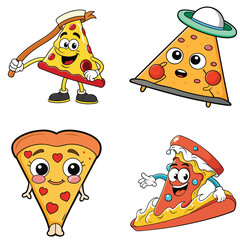 Love and heart cute cartoon pizza slice in various character like  express pure love in their eyes, running and saying good bye  sticker art illustration 
