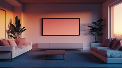A modern, stylish living room featuring a large screen, cozy furniture, and plants, illuminated by warm sunset tones.