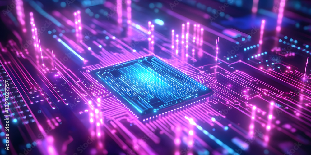 Wall mural ai semiconductor chip with neon effect on a tech circuit background, rendered in glowing lines with 