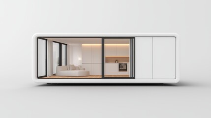 A modern, minimalistic living space featuring large glass windows, bright interiors, and sleek design elements.