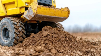 Fototapeta premium Yellow wheel loader bucket moving a pile of brown dirt on a construction site during daytime.