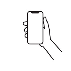 Outline sign of hand holding phone isolated on white background. Hand holding phone