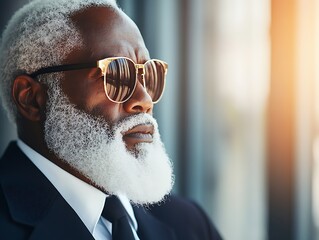 An elderly african man wearing sunglasses and looking thoughtfully away