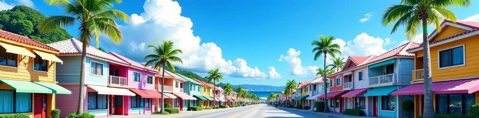 Fototapeta premium Colorful buildings in American Village Okinawa with palm trees and blue sky, colorful, tropical, tourism