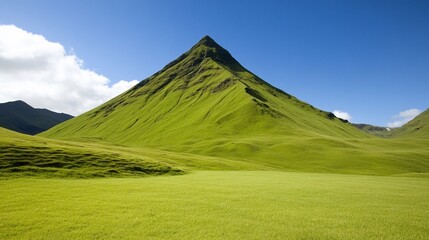 Green grassy mountain peak under blue sky.