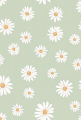 Seamless Daisy Floral Pattern on Pastel Green Background &ndash; Vintage Botanical Design for Fabric and Wallpaper
