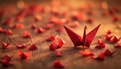 Red origami crane among smaller ones on wood