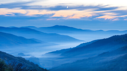 Obraz premium Blue Hour Mountainscape with Crescent Moon