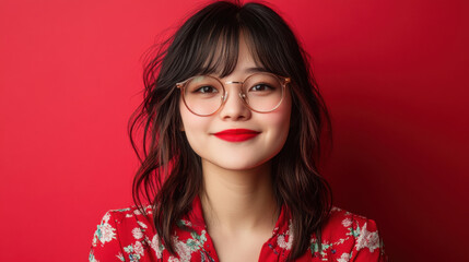 Fototapeta premium young woman with glasses smiles against red background, showcasing her vibrant personality and style. Her floral outfit and bright lipstick add to cheerful atmosphere