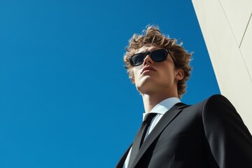 A sharp, modern male fashion editorial featuring a model in a tailored suit, set against a minimalist urban backdrop, minimal background with copy space