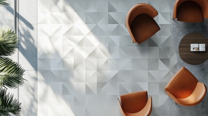 Modern office lounge, geometric floor, sunlight, chairs, meeting