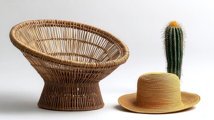 Fototapeta premium Woven Chair, Cactus, and Hat on White