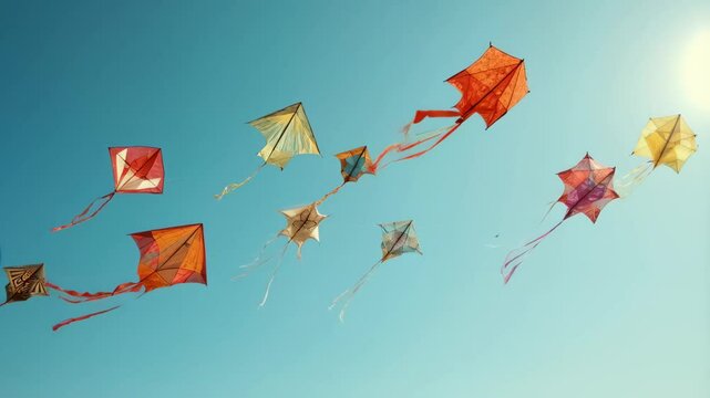 Flying kites soaring in a clear blue sky, atmosphere kite festival