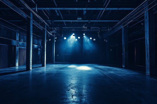 An industrial techno party venue with a dark, moody ambiance, heavy use of shadows and highlights, minimal background with copy space