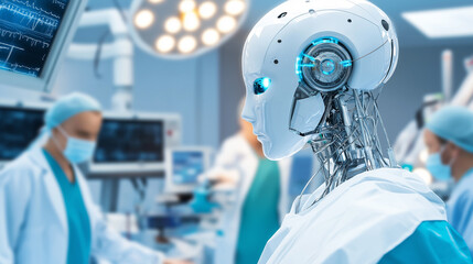 A humanoid robot in a surgical environment, symbolizing the integration of AI in healthcare, medical technology, and future innovations.