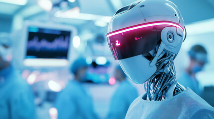 A humanoid robot in a surgical environment, symbolizing the integration of AI in healthcare, medical technology, and future innovations.