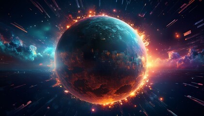 Obraz premium 거대한 행성이 픽셀처럼 해체되며 입자로 퍼지는 장면