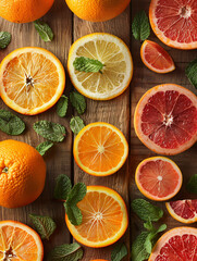 summer citrus salad with orange slices, grapefruit, and mint leaves on a rustic wooden table.