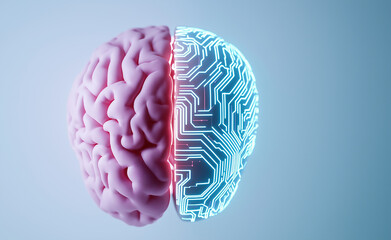 A split brain, half organic and half digital, symbolizing the merger of human cognition and artificial intelligence in technology.