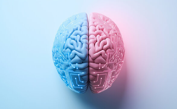 A split brain, half organic and half digital, symbolizing the merger of human cognition and artificial intelligence in technology. - Powered by Adobe