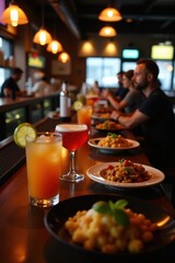 Busy restaurant bar, drinks and food on tables, drinking, background
