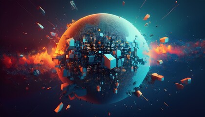 거대한 행성이 픽셀처럼 해체되며 입자로 퍼지는 장면