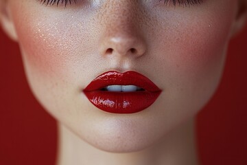 Naklejka premium Close-up of a woman's lips showcasing vibrant red lipstick against a textured background in a beauty setting