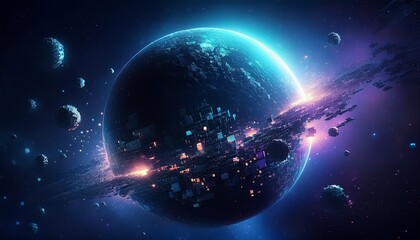 Obraz premium 거대한 행성이 픽셀처럼 해체되며 입자로 퍼지는 장면