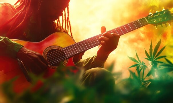 Reggae musician playing guitar amidst cannabis plants at sunset - Powered by Adobe