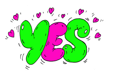 YES green pink letters with curve elements for greeting card, poster, sticker, Vector illustration on various pattern objects black ink, white background