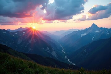 Expansive mountain range panorama, sunlit peaks, stock, vista