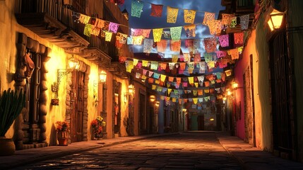 Vibrant mexican street with colorful papel picado banners at dusk celebrating cinco de mayo, mexican culture