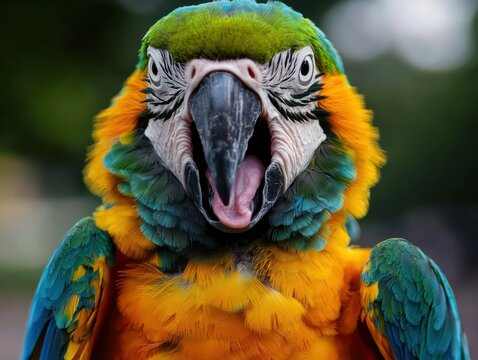 Close-up of a colorful parrot squawking with a humorous expression