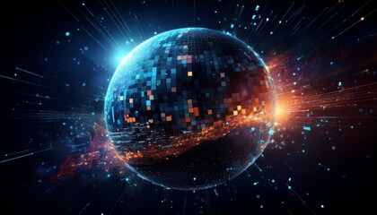 Obraz premium 거대한 행성이 픽셀처럼 해체되며 입자로 퍼지는 장면
