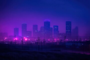 Obraz premium A futuristic city skyline at night with vibrant purple hues