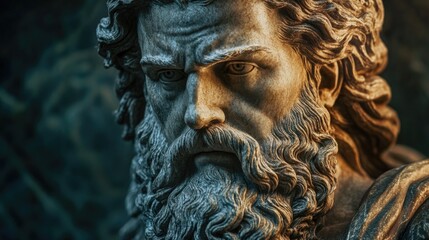 A close-up view of a statue depicting a man with a long beard, suitable for use in historical or fantasy themed contexts