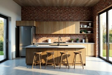 Open-plan kitchen with exposed brick wall, concrete flooring, architecture, island