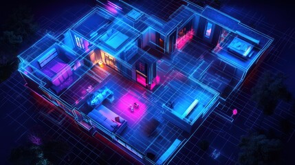 Fototapeta premium Smart home blueprint, night view, family relaxing