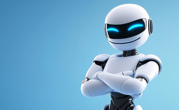 A confident humanoid robot with a smiling face and crossed arms, symbolizing empowerment, innovation, and futuristic technology.