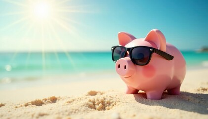 Piggy bank in sunglasses on sandy beach, enjoying sun , vibrant, travel