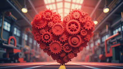 Large heart made of gears in factory setting, symbolizing charity