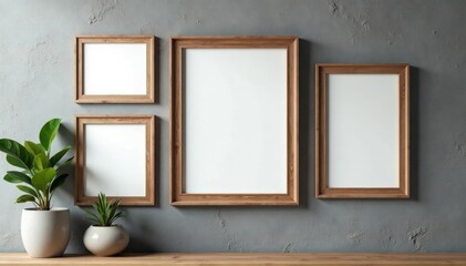 Rustic wooden picture frames on a textured gray wall, blank, cottage
