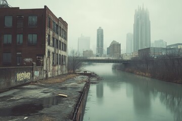 Obraz premium An industrial area building sits beside a cloudy river landscape