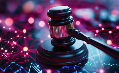 A wooden gavel on a digital network background, symbolizing the intersection of law, technology, and digital justice in a modern world.