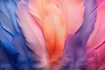 Obraz premium Colorful display of vibrant feathers arranged artistically with a blend of hues in soft pastel shades