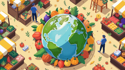 Globe surrounded by fresh produce at farmer's market, promoting charity