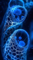 A captivating close-up image of blue, translucent cellular structures, highlighting intricate details and patterns within a microscopic environment.