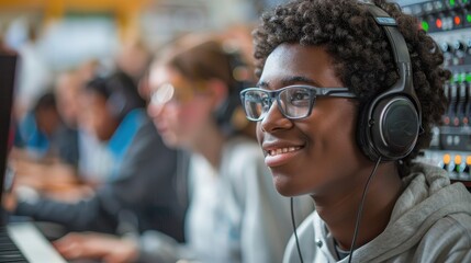 Smiling student with headphones enjoys learning in a tech class. Engaged and focused, he explores audio engineering in a dynamic environment.