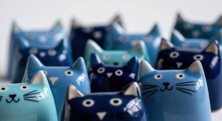 Obraz premium Colorful ceramic cat figurines in various shades of blue and teal