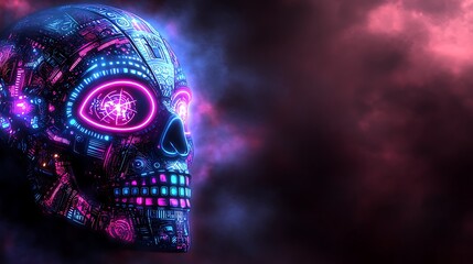 Futuristic robotic skull, vibrant neon glow, smoky background, digital art, potential use as graphic design element